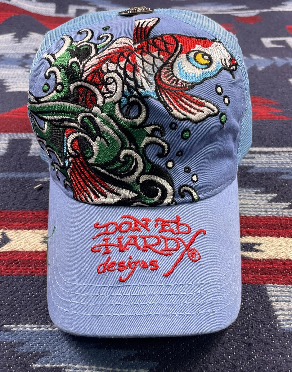 VTG Ed Hardy Carp Koi Fish Trucker Snapback Hat 90s Christian Audigier Blue