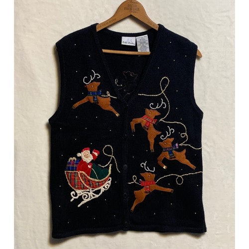Bobbie Brooks Black Santa Reindeer Christmas Vest Women's S Holiday Ugly Sweater