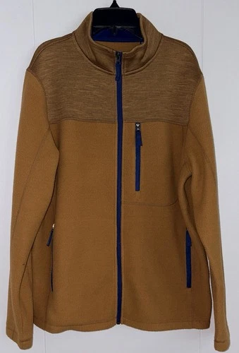 Turtleson Mens M Camel Tan Navy Full Zip Fleece Jacket Golf Outdoor Zip Pockets video thumbnail