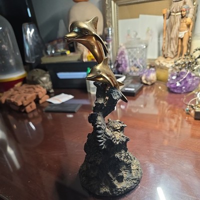 Signed Dan Parker Bronze Dolphin Sculpture Leaping Dolphins Turtle Coral Reef.