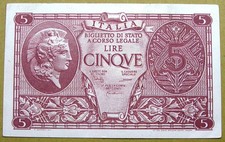 Italy 5 Lire Banknote P-31c, WWII 1944, Crisp AU, Combined Shipping