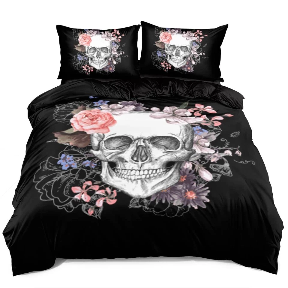 Juego de funda nórdica clásica calavera y rosas tamaño queen gótico calavera juego de cama S... Foto 2 de 4