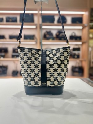Celine Triomphe Bucket Bag Canvas Calfskin Shoulder Crossbody Handbag Authentic
