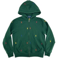 Boys Green Polo Ralph Lauren Pony Logo AOP Fleece Full Zip Hoodie Sweatshirt M