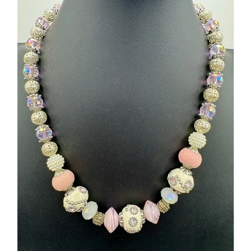 Vintage Artisan Made Pink AB Faceted Glass Rhinestone Bead Necklace 20"