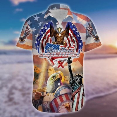 Patriot 4Th Of July Hawaiian Shirt God Bless America American Flag Eagle Statue