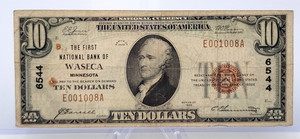 1929 $10 National Currency WASECA MN 6544 Circulated Brown Seal Lot. H305