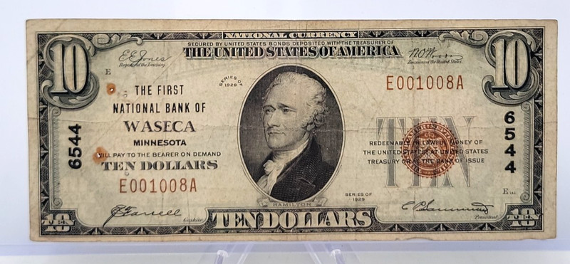 1929 $10 National Currency WASECA MN 6544 Circulated Brown Seal Lot. H305