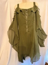Olive Green Fairycore Boho Dress Small Cold Shoulder Sheer. CL
