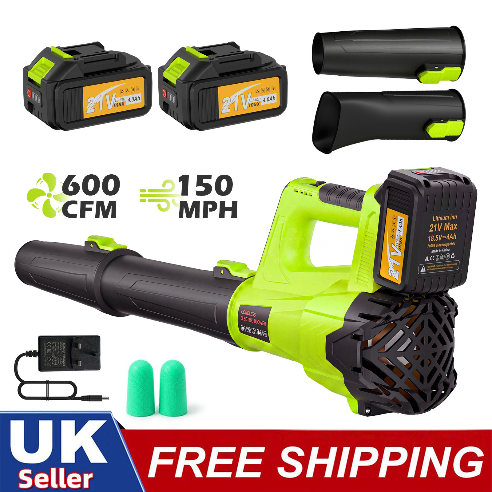 21V Cordless Leaf Blower 600CFM/150MPH & 2 Speed Levels Electric 2 Batteries UK