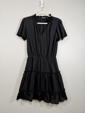BTFBM Dress Elegant Black Ruffle Mini Short Sleeve Tie Collar Classy Women Small