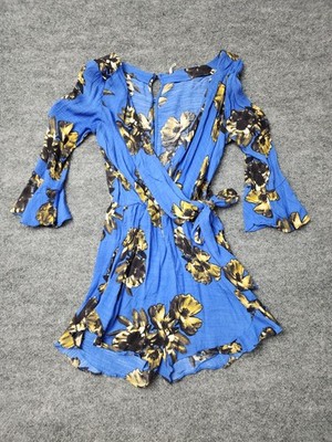 Free People Women's Blue Floral Romper Size Small Long Sleeve