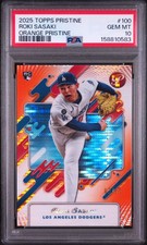 158810583 Roki Sasaki 2025 Topps Pristine #100 Orange Refractor RC /25 PSA 10