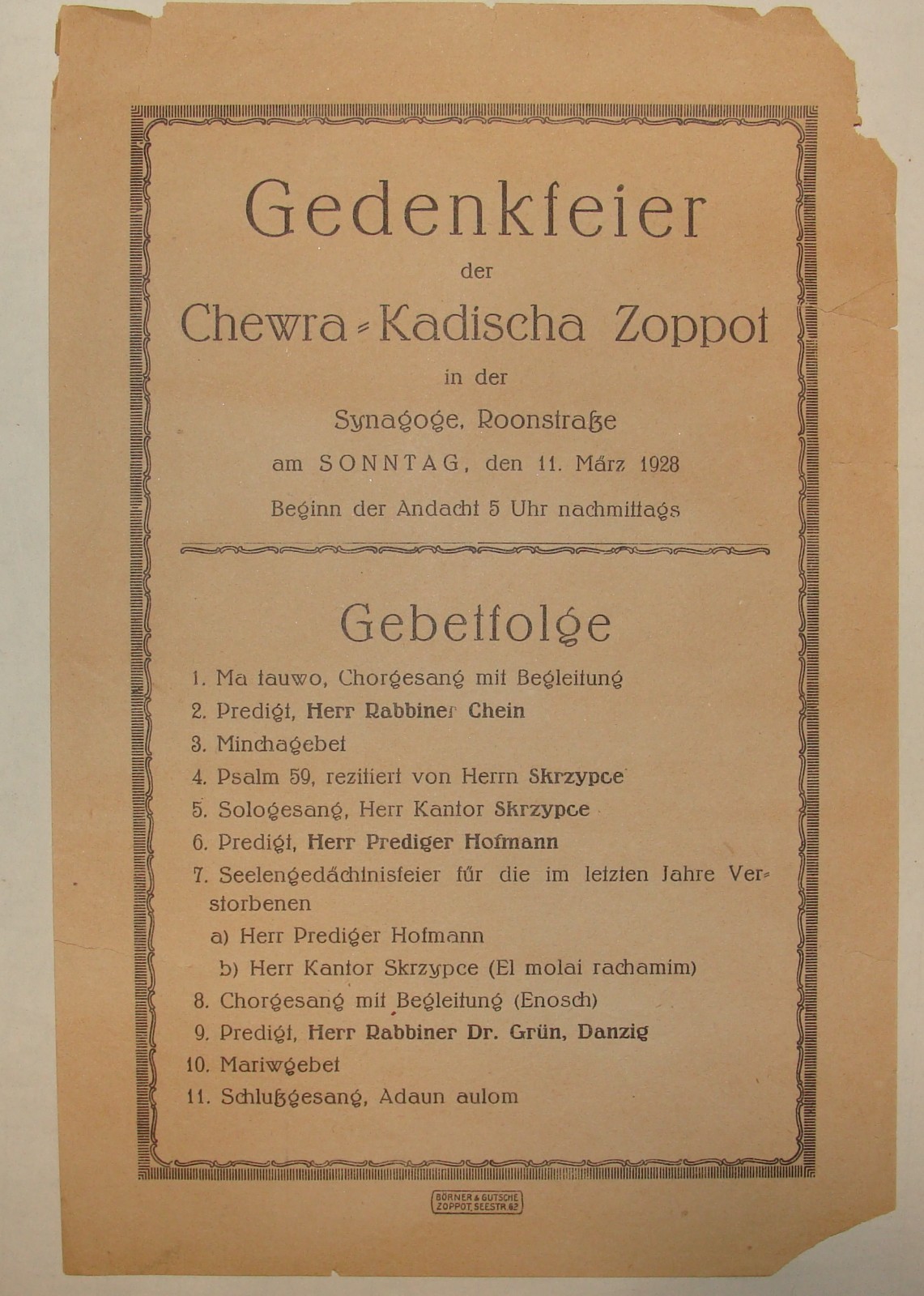 Jewish Judaica 1928 ZOPPOT Document Chewra Kadischa Synagogue German Germany