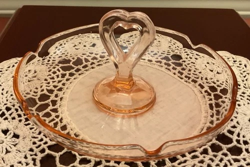 Vtg Pink Depression Glass Heart Handle Candy Serving Dish