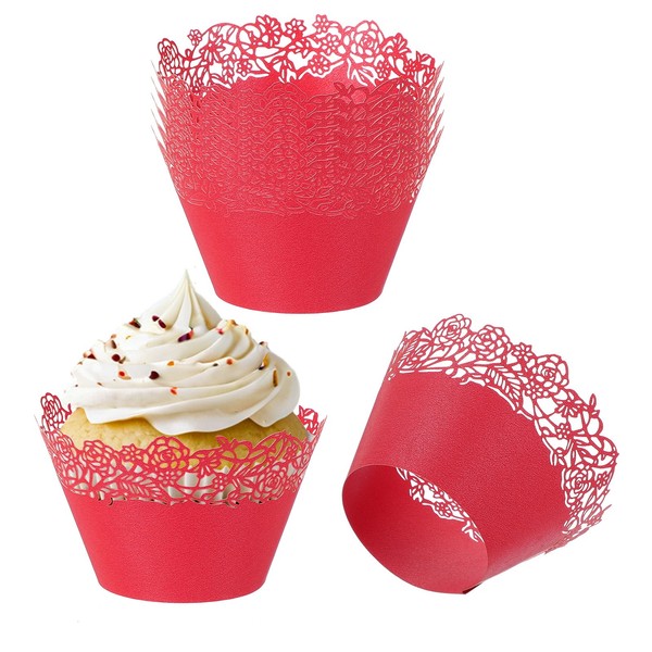 Cupcake-FöRmchen Aus Papier,50 StüCk,BackföRmchen Standard,Rosendekor,Rot-image