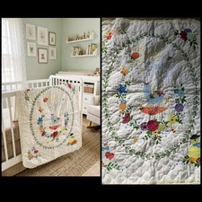 Vintage Sweet Baby Hand Embroidered Lace Trim Nursery White Quilt Blanket 40x30