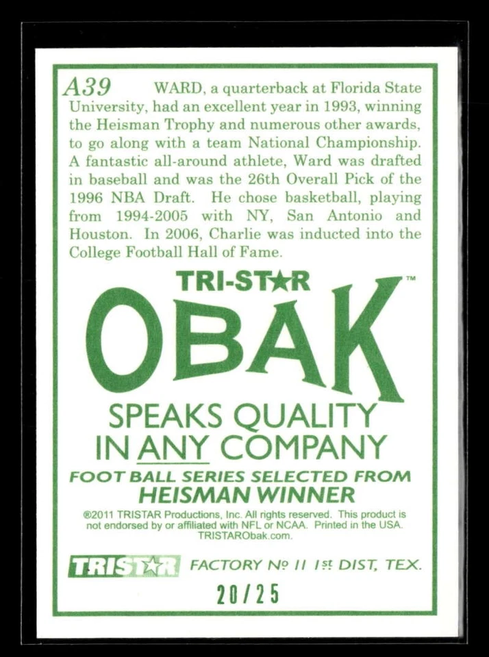 2011 TriStar Obak Charlie Ward Green Autograph Auto /25 Florida State FX72 - Image 2 of 2