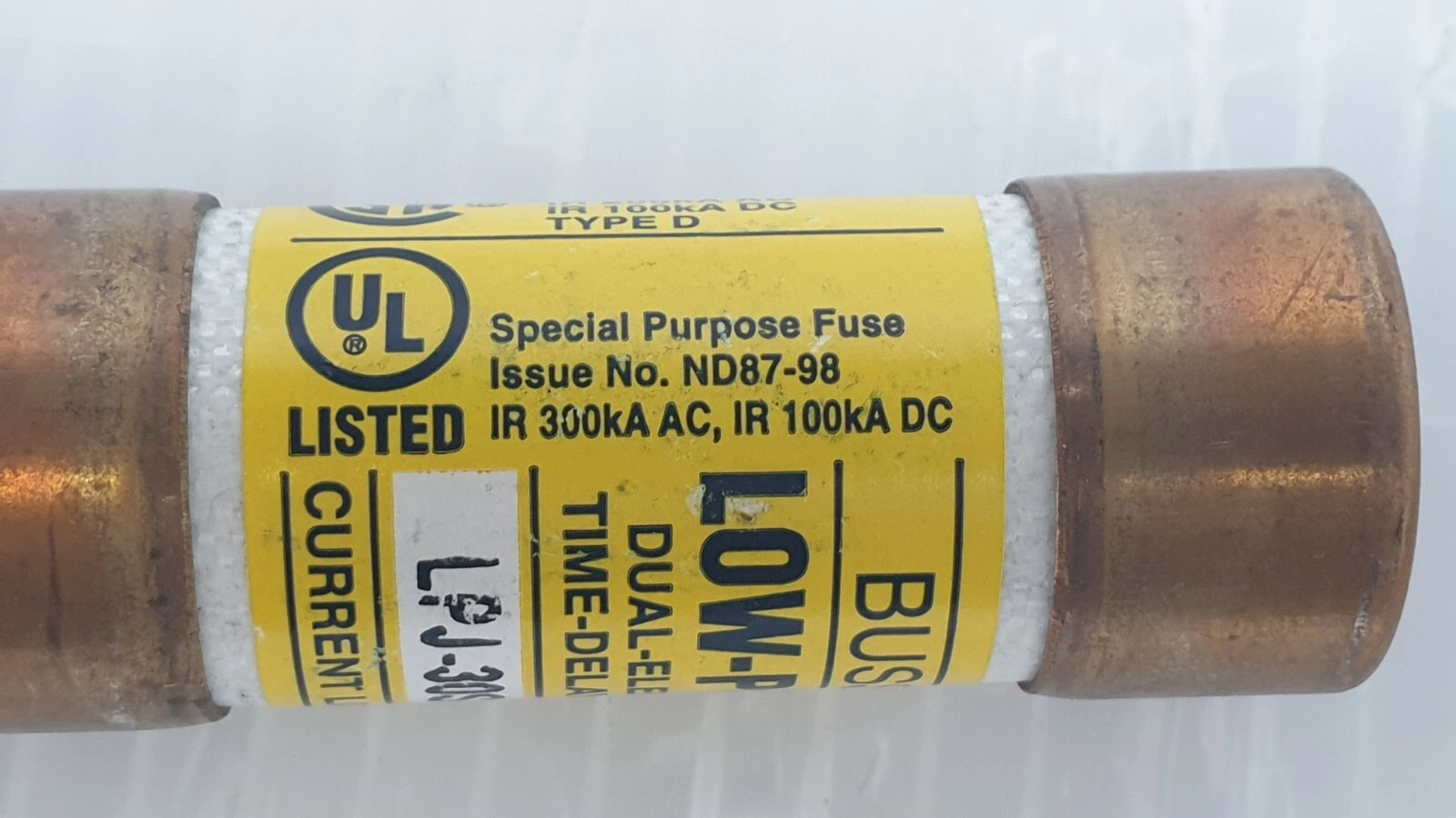 UL Listed special purpose fuse marking on the Bussmann LPJ-30SP, IR 300kA AC, 100kA DC