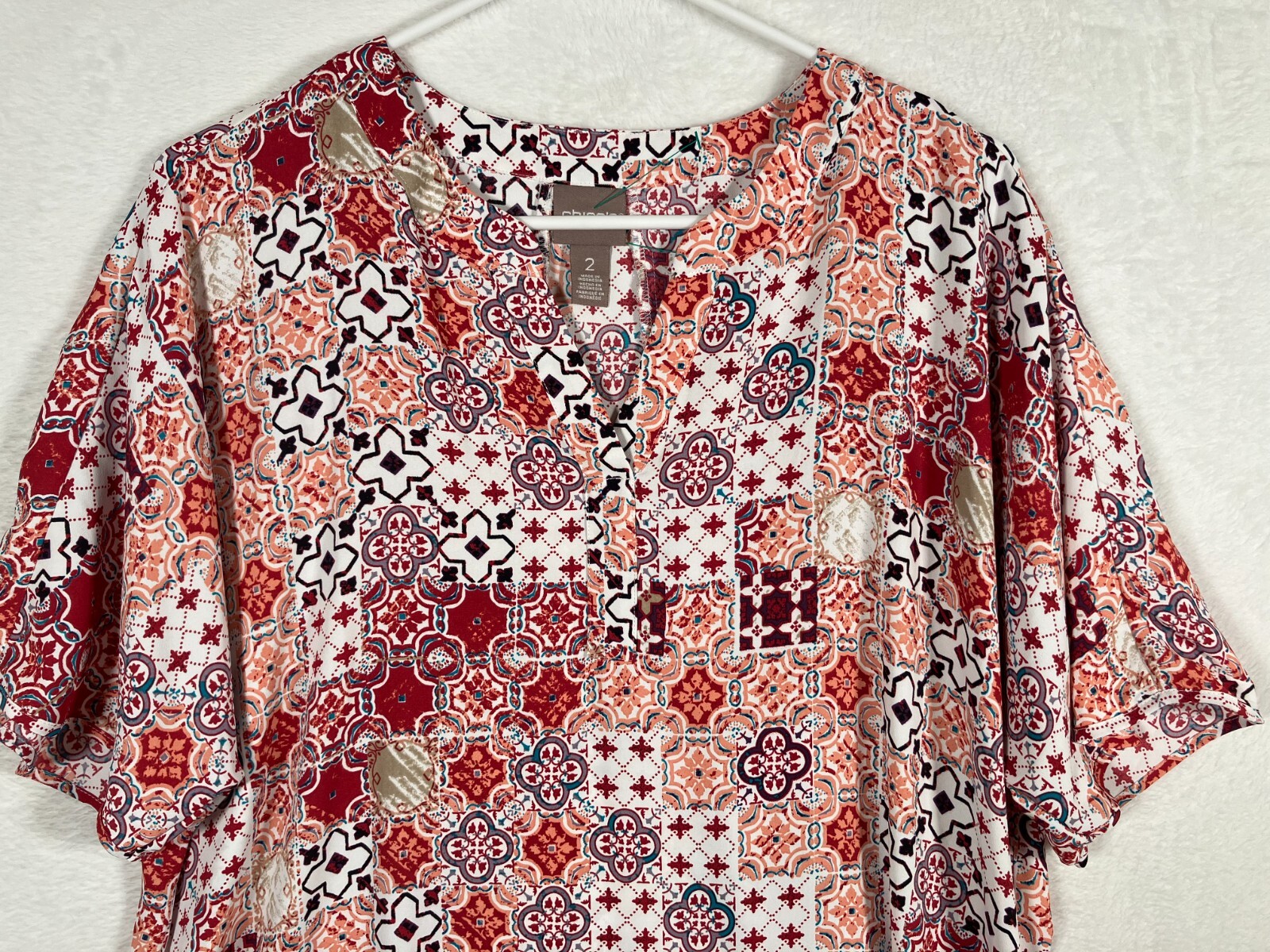 Chico’s Patchwork Flutter Sleeve Top Geometric Hi… - image 2