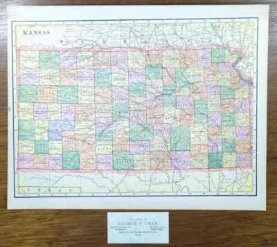 Vintage 1896 KANSAS Map 14''x11'' ~ Old Antique Original TOPEKA SHAWNEE COUNTY KS