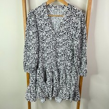 Zara Mini Dress Womens Small Black White Ruffle Hem Long Sleeve V-Neck Casual