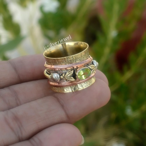Bague Toupie Fidget En Argent 925 Avec Péridot Vert - Pierre Naturelle - Taille Réglable - Artisanale