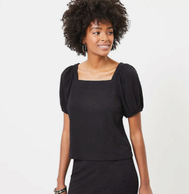 NEW Loft S Top Women's Black Square Neck Jacquard Puff Sleeve Knit Blouse