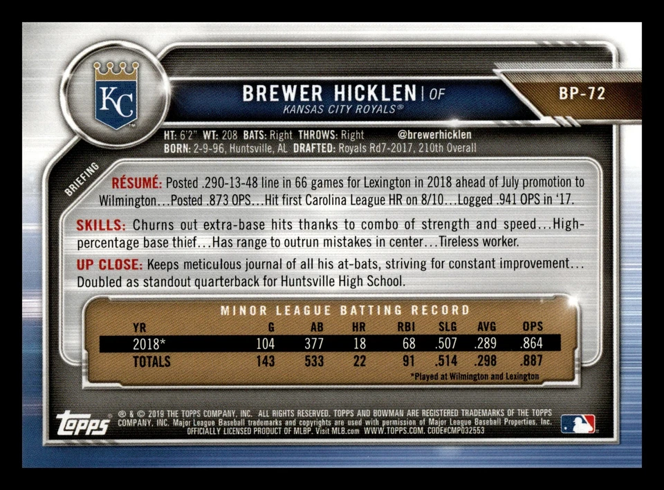Brewer Hicklen 1st 2019 Bowman #BP-72 Kansas City Royals Mint - Image 2 of 2