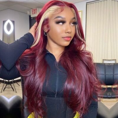 Burgundy 99j Red With 613 Blonde Stripe Lace Front Wig Pre  display picture 1