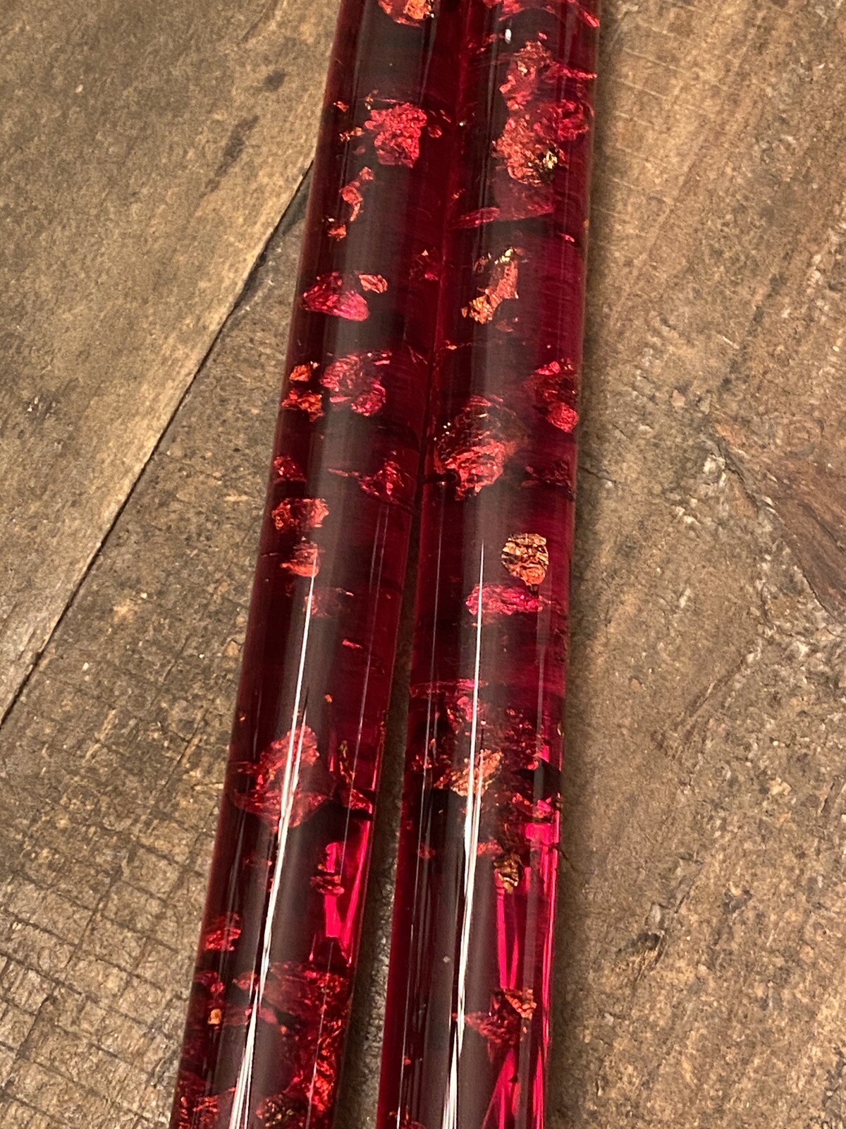 2 Cherry Red Lucite Acrylic Taper Candles with Gold Flakes 11 5/8