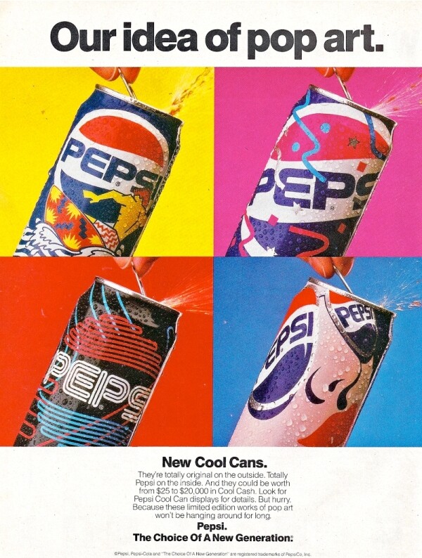 Reprint of vintage Pepsi 'our idea of pop art' advertisement