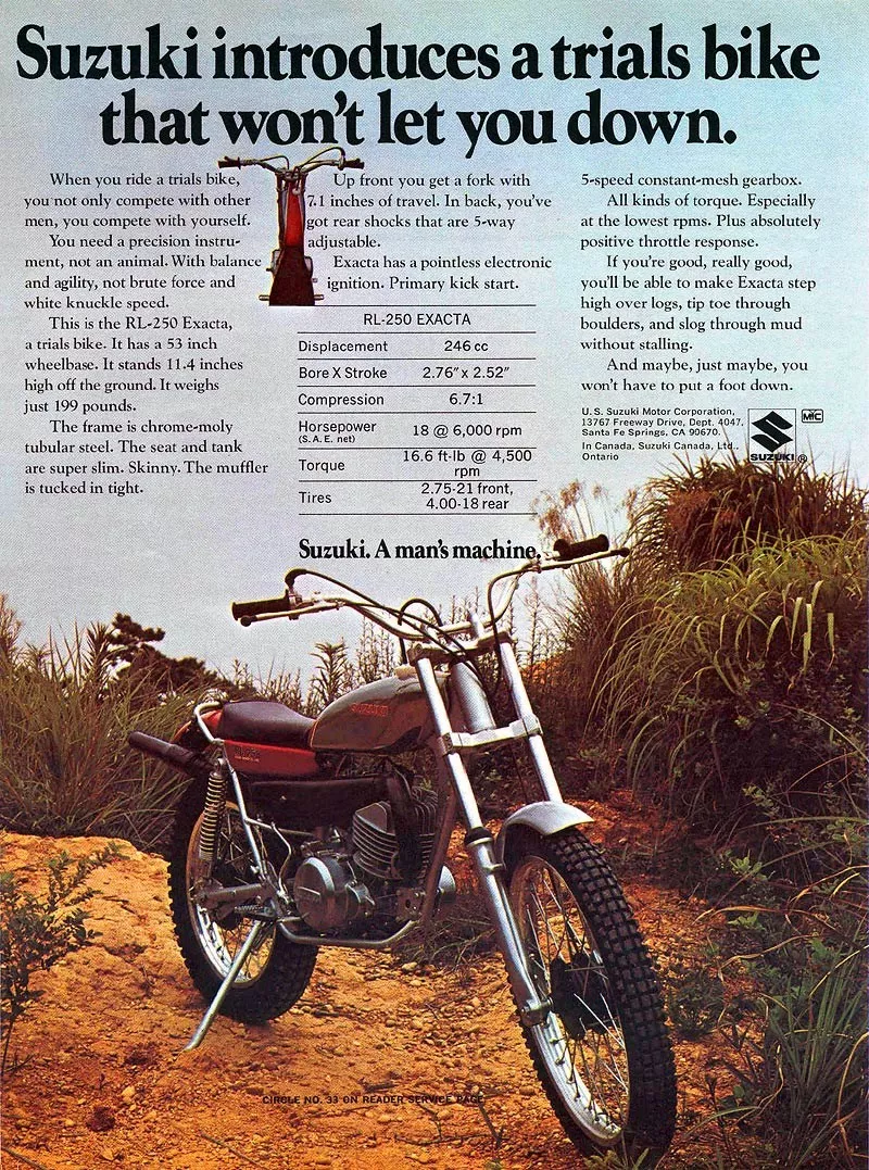 1974 SUZUKI RL-250 EXACTA SALES SPECS AD TRIALS BIKE