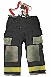 42x30 Globe Black Firefighter Turnout Pants w/ Yellow Tape & Suspenders P1478