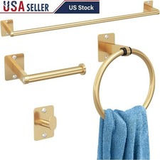 Gold Bathroom Hardware Set 4 Piece Towel Bar Ring Holder Hook Metal Rustproof US