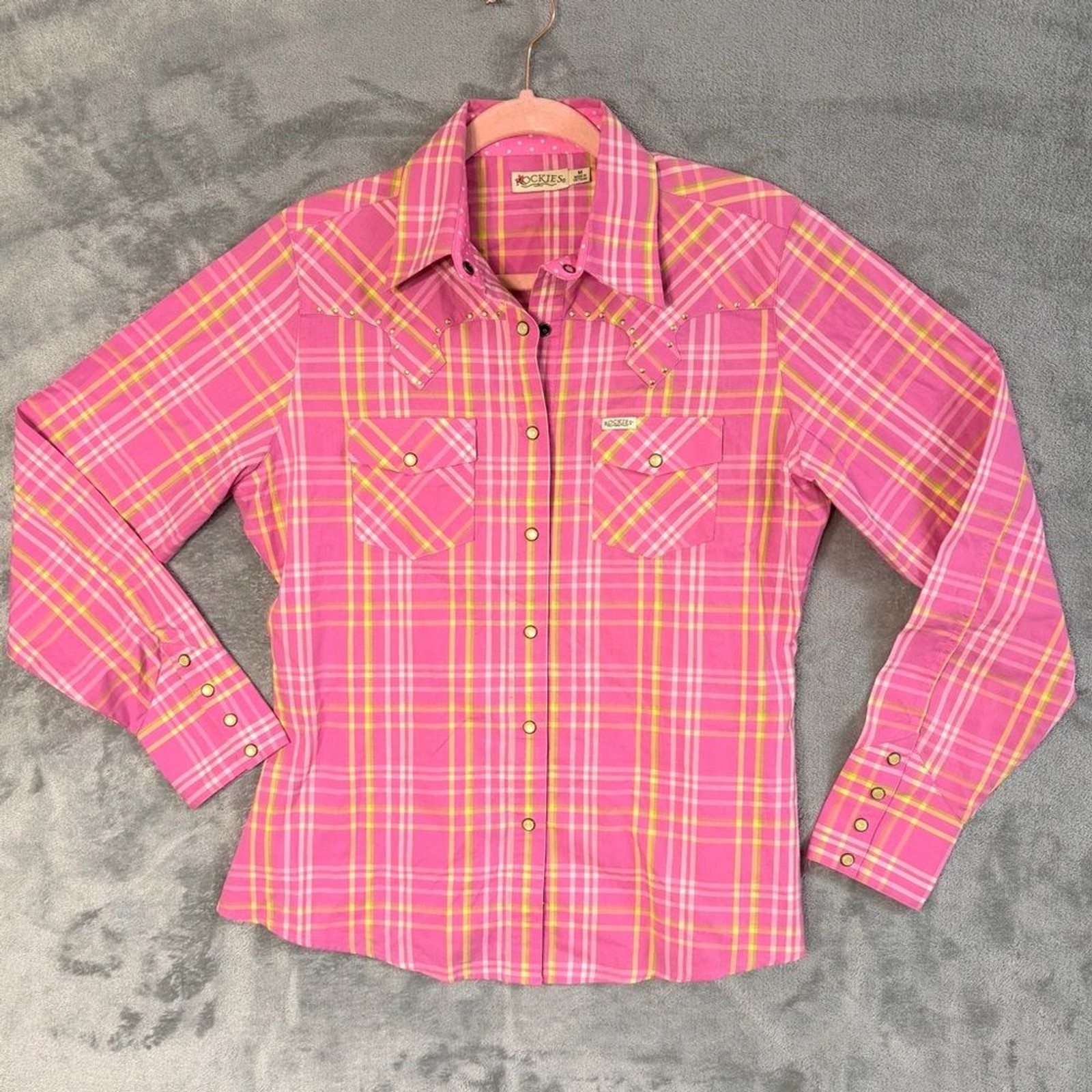 Rockies Western Shirt Med Women’s Pink Plaid Pearl Snap Cowgirl Long Sleeve
