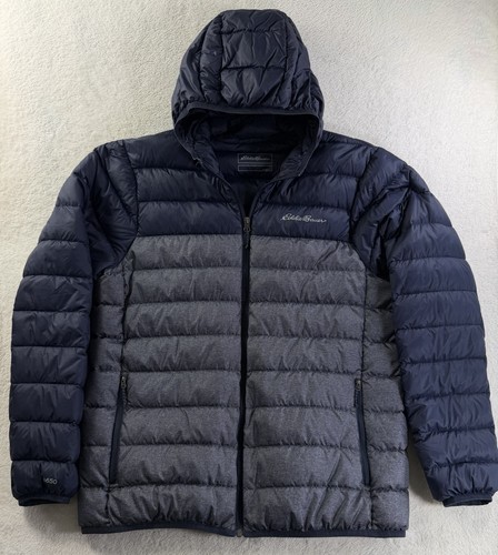 Eddie Bauer CirrusLite EB650 Down Puffer Jacket SZ L Hooded Blue Gray Colorblock