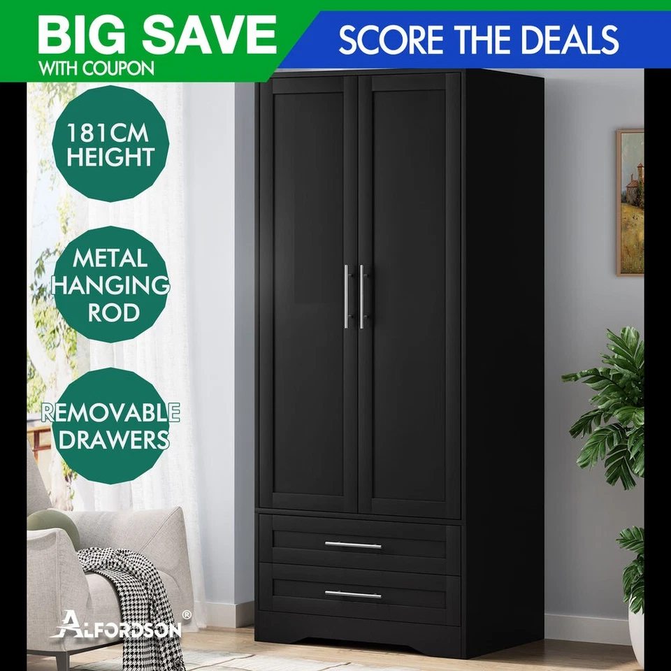 ALFORDSON Wardrobe Clothes Storage Cabinet Organizer Drawer Hanging Rod Black