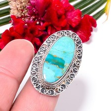 Turquoise - Kingman Fine Art Oxidised Gemstone 925 Sterling Silver Ring s.8 Su38