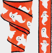 Halloween Ghosts 2.5" x 6 yd Wired Ribbon White on Orange Black Fuzzy Edges