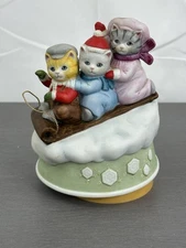 Vintage Schmid Kitty Cucumber Sleigh Ride Tabaggon 1985 Musical Christmas