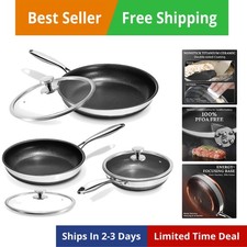Padelle Antiaderenti con Coperchi, 8", 10", 12" Titanio Ceramica Tri-Ply Stainle...