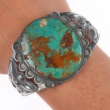 6.5" c1940 Navajo Ceremonial Kingman turquoise sterling silver big cuff bracelet