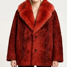 Red Real Persian Lamb Karakul Fur With Real Mink Fur Collar Winter Fur Coat