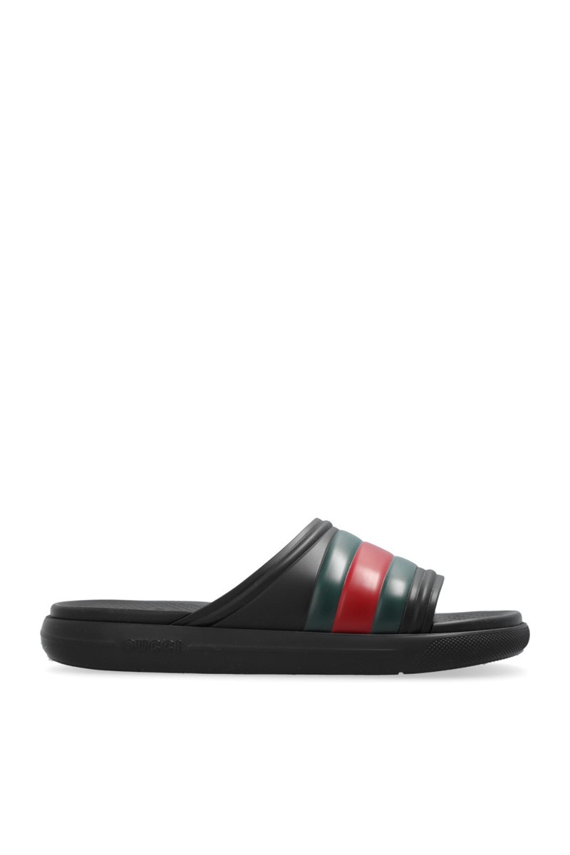 Authentic Men's Gucci Black Green Red Web Rubber Slides Sandals