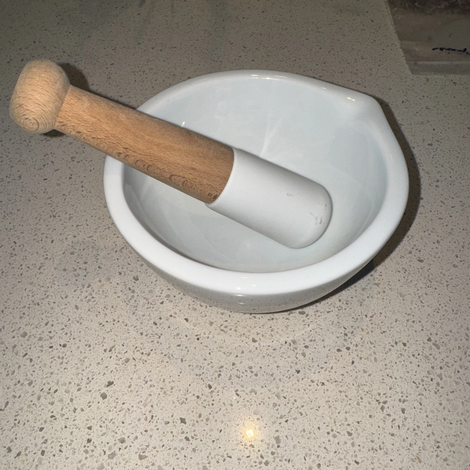 Vintage Apilco Porcelain Mortar & Pestle White 6in Bowl Easy Clean Wood Handle