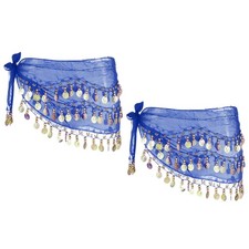 2 Pcs Belly Dance Hip Scarf 57x11" with 72 Gold Coin, Dark Blue