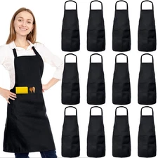 12-Pack Black Bib Apron Unisex Restaurant Kitchen Apron with 2 Pockets Bulk