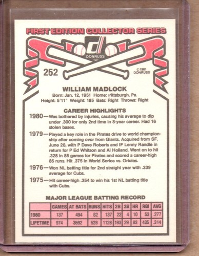 1981 DONRUSS BILL MADLOCK # 252 (NM/MT OR BETTER) CREASE FREE - Picture 2 of 2
