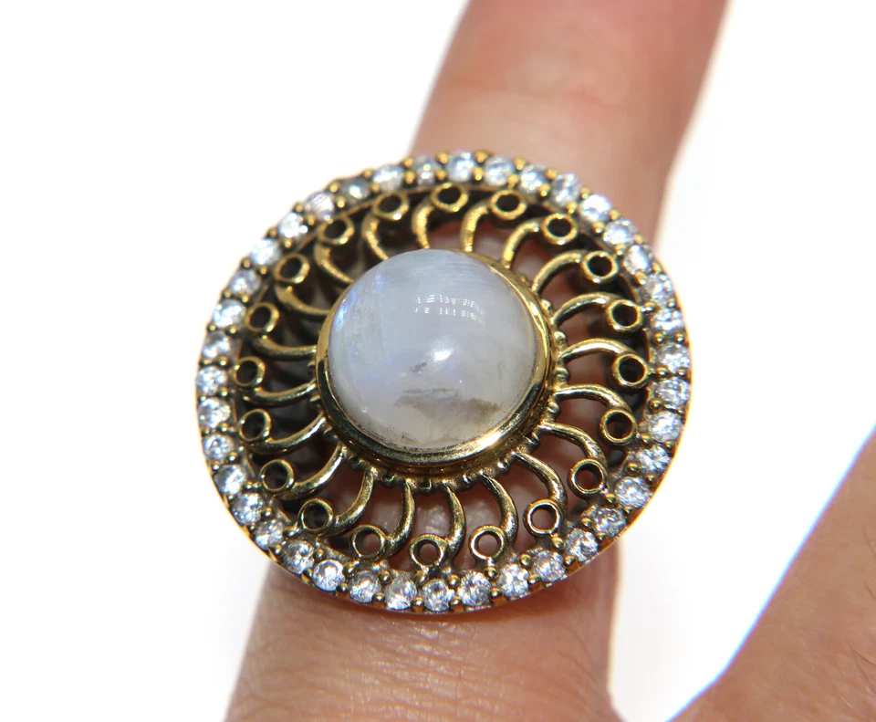 Anello argento 925 toppa zirconi anticato pietra di luna tondo misura 15 vintage - Immagine 2 di 4
